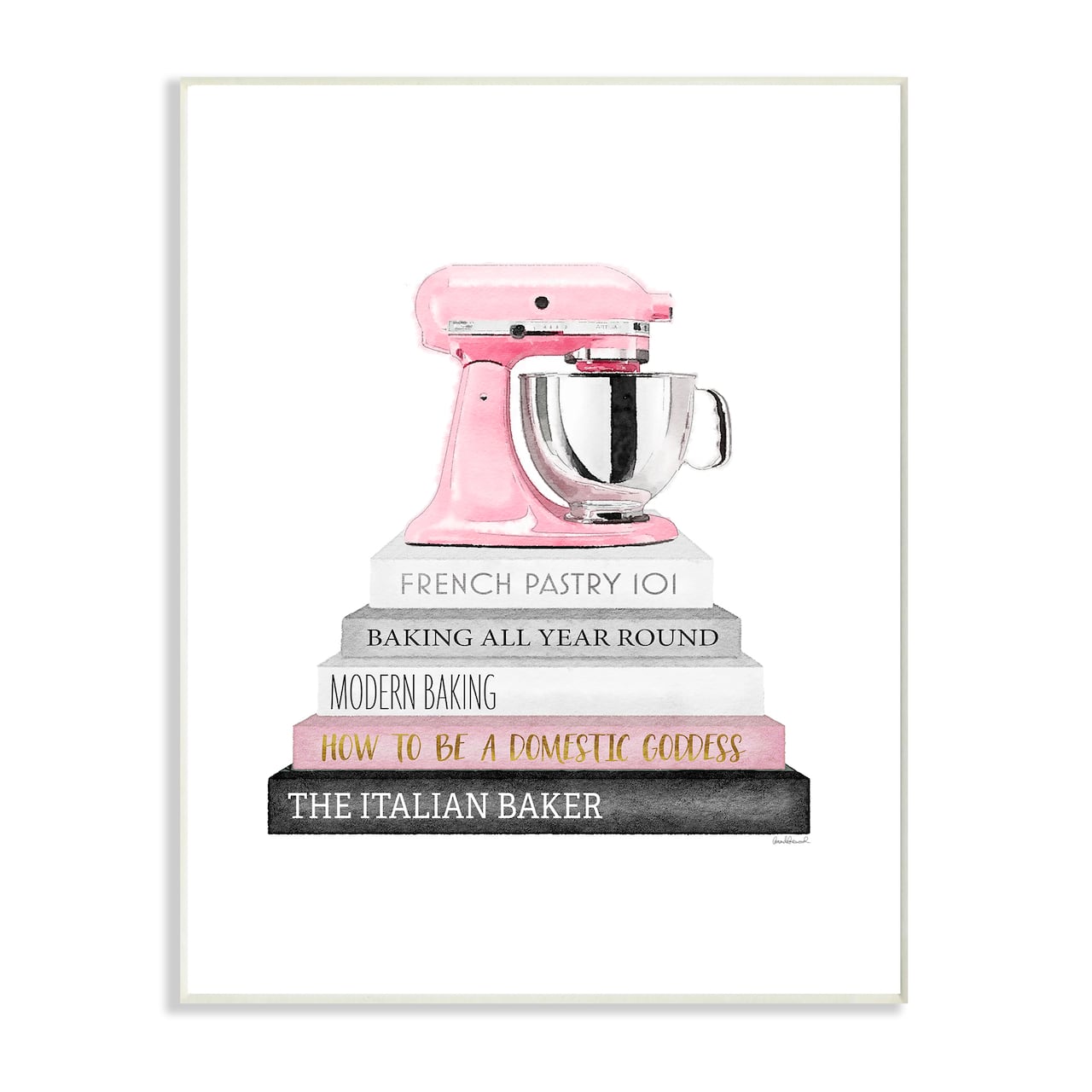 Stupell Industries Grey Pink and Black Fashion Bookstack with Pink Mixer Wall Plaque